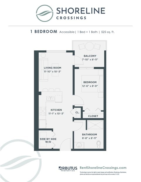 Floor plan for 1 bed, 1 bath, 525 sqft